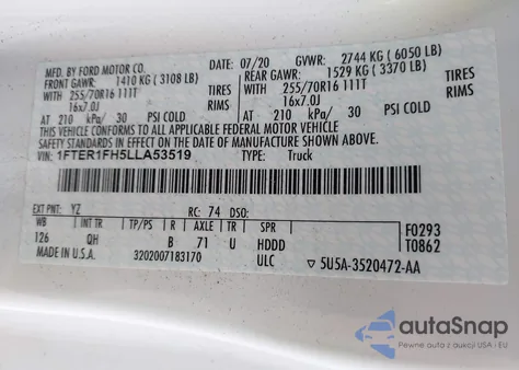 2020 Ford Ranger Xl z USA, uszkodzony, nr VIN 1FTER1FH5LLA53519